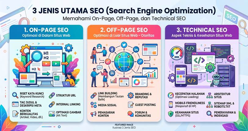 Gambar 1. Infografis 3 Jenis Utama SEO — On-Page, Off-Page, dan Technical SEO