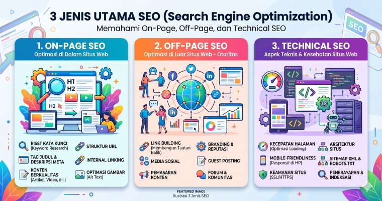 Infografis 3 Jenis Utama SEO — On-Page, Off-Page, dan Technical SEO